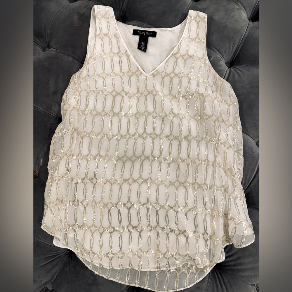 White House Black Market Silk Tank Top with sheer overlay and gold thread XS